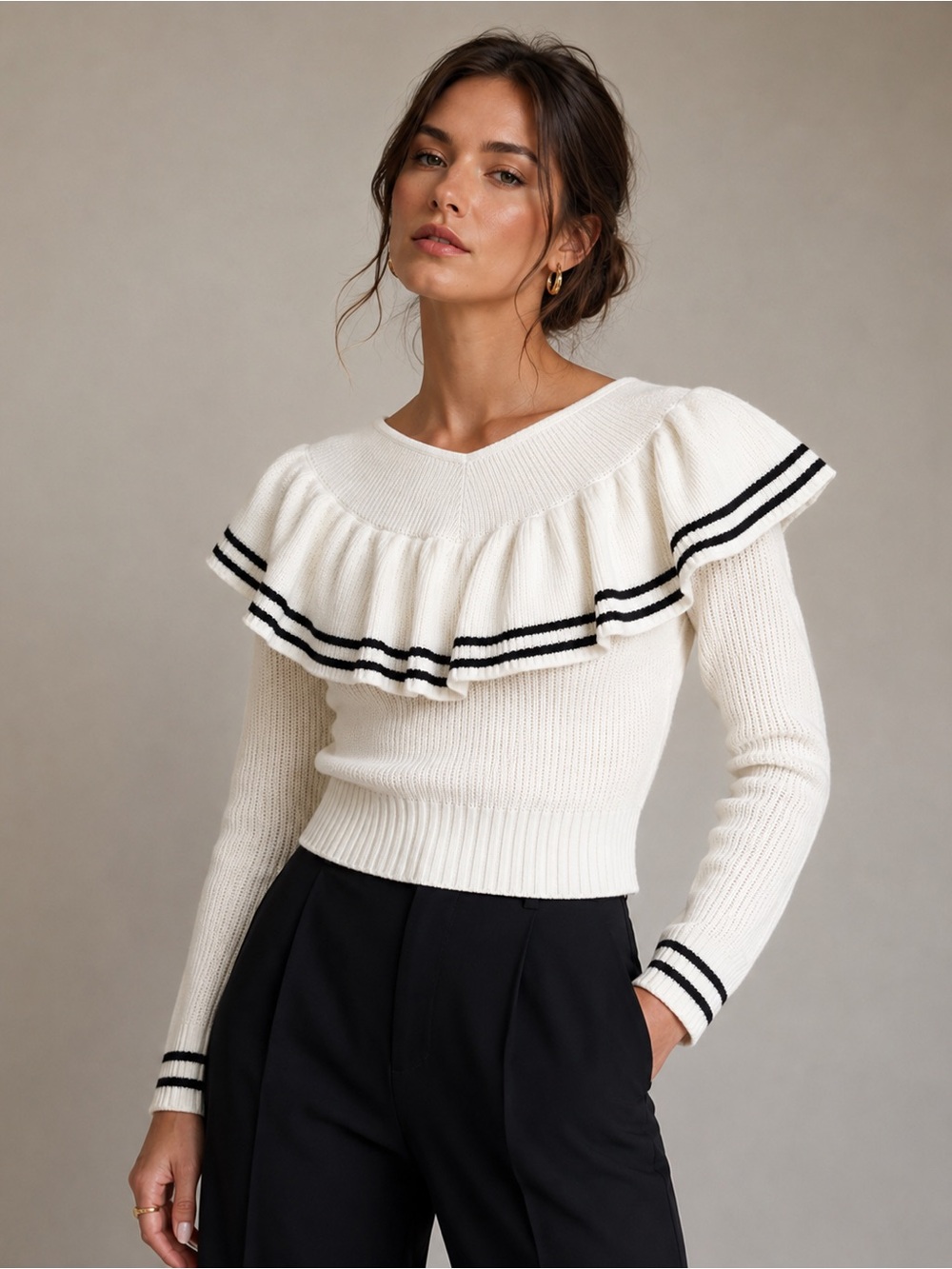 Self-Portrait Ivory Ruffle Cropped Wool Cotton Sweater Black Trim M